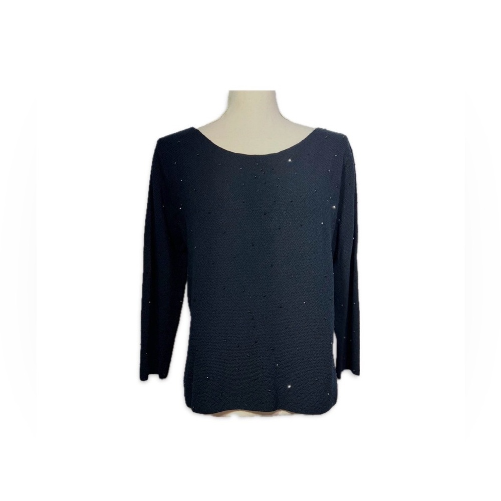 Eileen Fisher Black Merino Wool Sweater L Beaded Crewneck 3/4 Sleeve Luxe